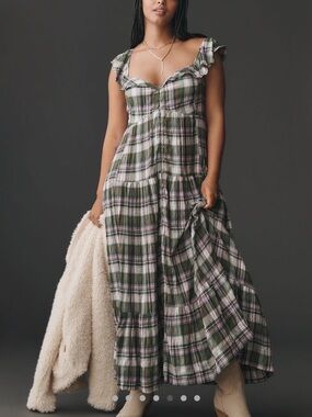 Pilcro Olive & Blush Plaid Tiered Flutter-Sleeve Dress